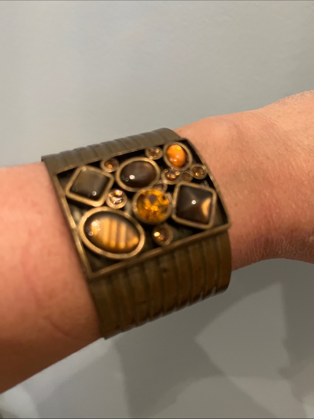 Vintage-Style Bronze Cuff Bracelet with Amber Accent - Bronze